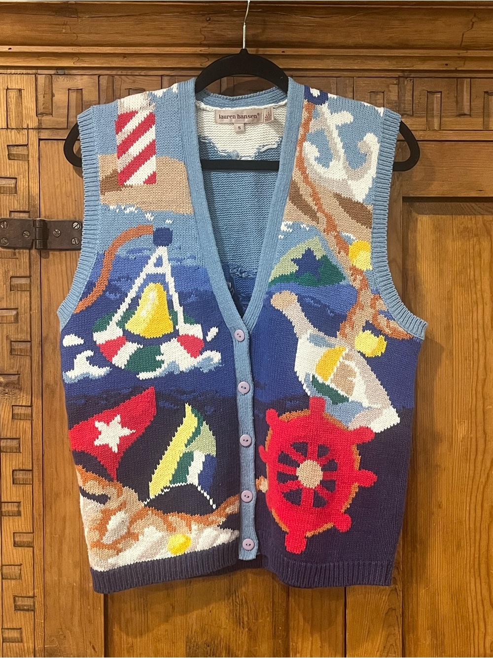 Vintage Nautical Anchor & Wheel Knit Vest - Light Blue Navy Red